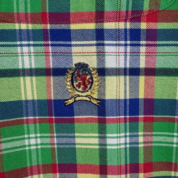 Vintage Tommy Hilfiger Shirt Mens Medium Green Plaid Crest 90s Y2K Camp Casual - Picture 6 of 13
